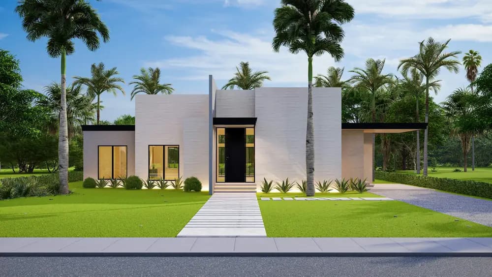 A completed single-storey building with lawns